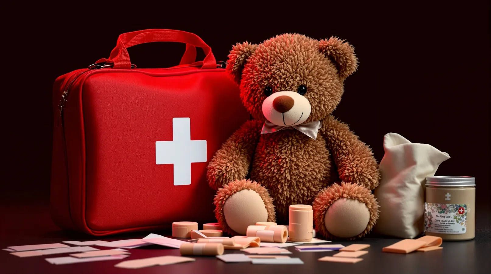 Erste Hilfe am Kind Kurs Stuttgart mit Kinderverbandsmaterial und Teddybär